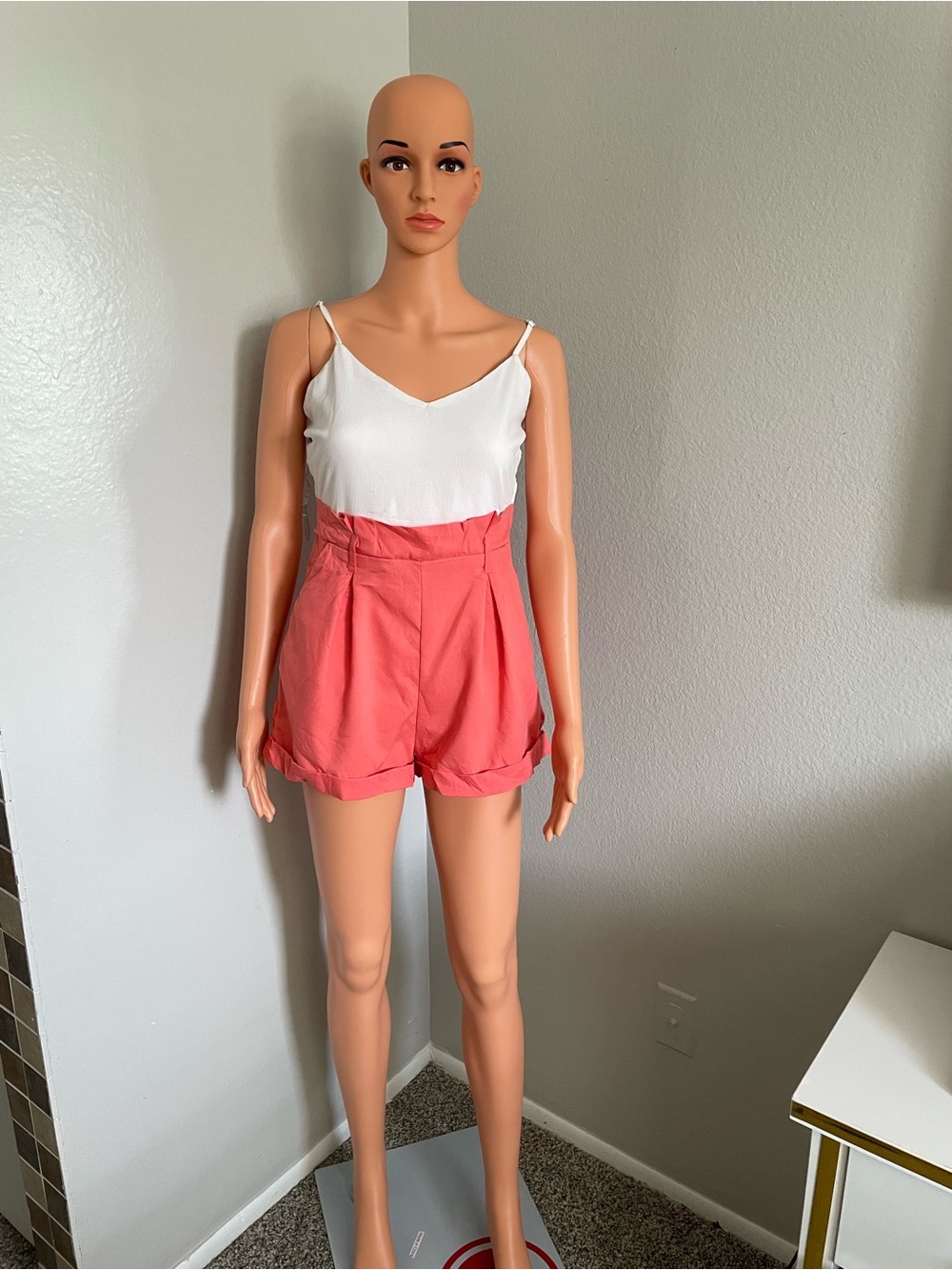 Sleek Coral Paperbag Waist Romper